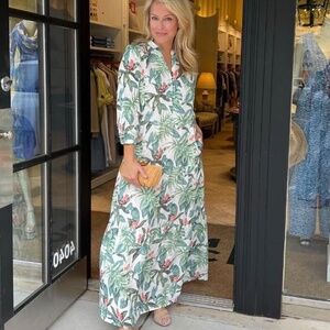 J. McLaughlin Cunningham Palm Print Linen Blend Tiered Maxi Dress | Small